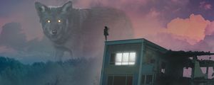 Preview wallpaper wolf, giant, girl, roof, fog, illusion