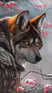 Preview wallpaper wolf, glance, art, predator, berries, branches