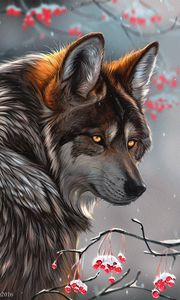 Preview wallpaper wolf, glance, art, predator, berries, branches