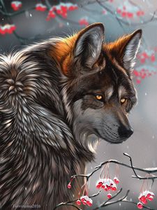 Preview wallpaper wolf, glance, art, predator, berries, branches