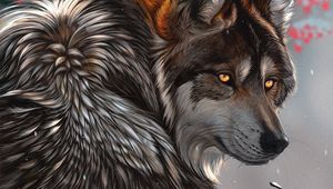 Preview wallpaper wolf, glance, art, predator, berries, branches