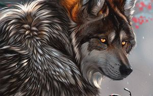 Preview wallpaper wolf, glance, art, predator, berries, branches