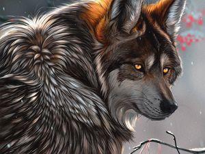 Preview wallpaper wolf, glance, art, predator, berries, branches