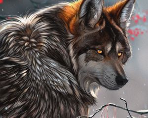 Preview wallpaper wolf, glance, art, predator, berries, branches