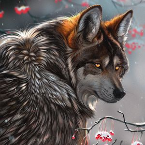 Preview wallpaper wolf, glance, art, predator, berries, branches