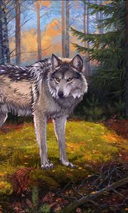 Preview wallpaper wolf, gray, forest, wildlife, art