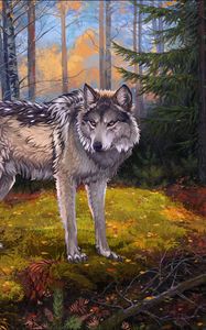 Preview wallpaper wolf, gray, forest, wildlife, art