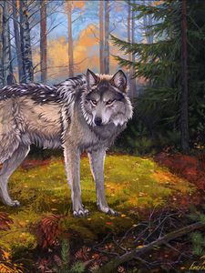 Preview wallpaper wolf, gray, forest, wildlife, art