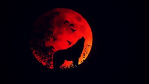 Preview wallpaper wolf, howl, silhouette, full moon, fire moon