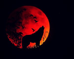 Preview wallpaper wolf, howl, silhouette, full moon, fire moon
