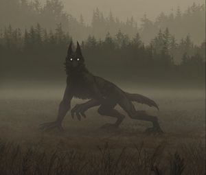 Preview wallpaper wolf, monster, night, fog, art