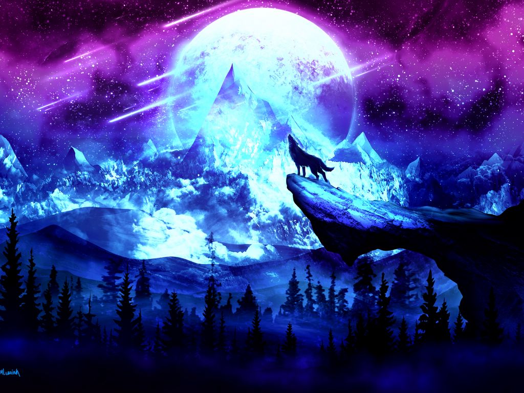 Download wallpaper 1024x768 wolf, moon, night, mountains, art standard 4:3 hd  background