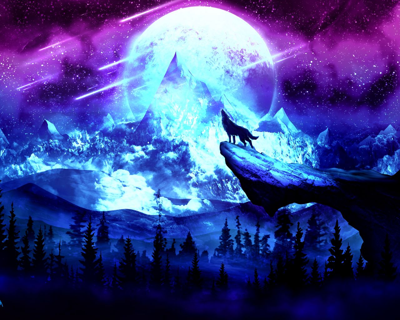 1280x1024 Wallpaper wolf, moon, night, mountains, art
