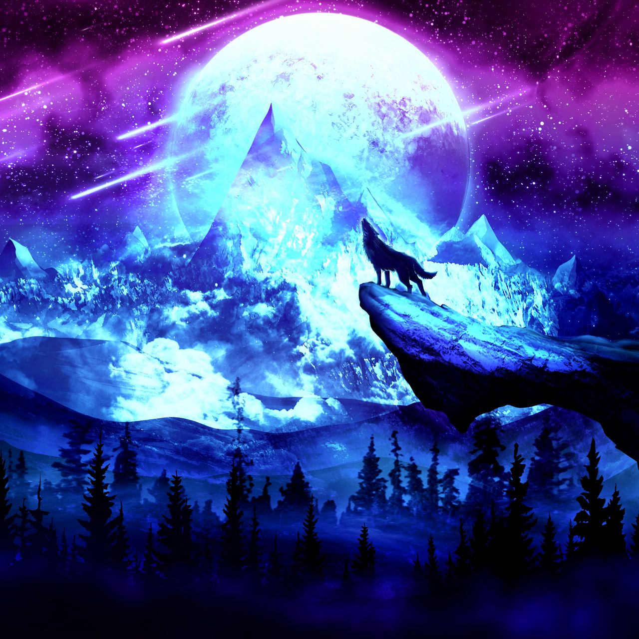 Download wallpaper 1280x1280 wolf, moon, night, mountains, art ipad ...
