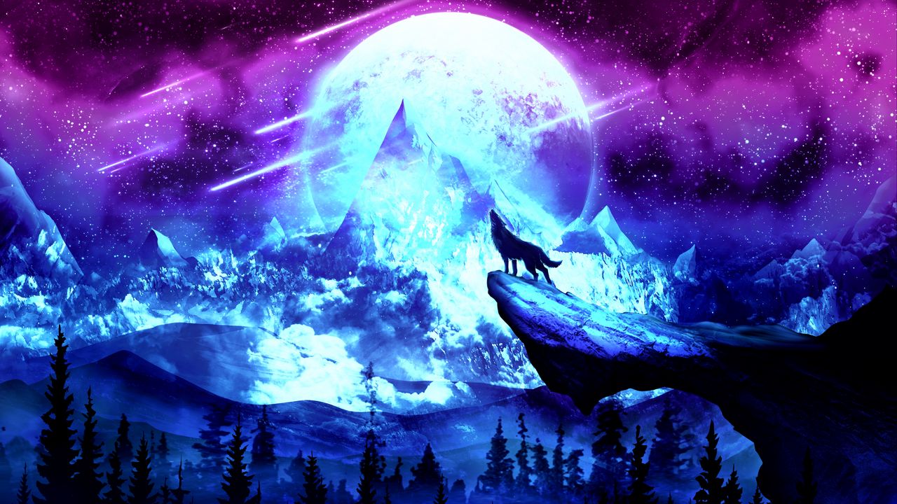 1280x720 Wallpaper wolf, moon, night, mountains, art