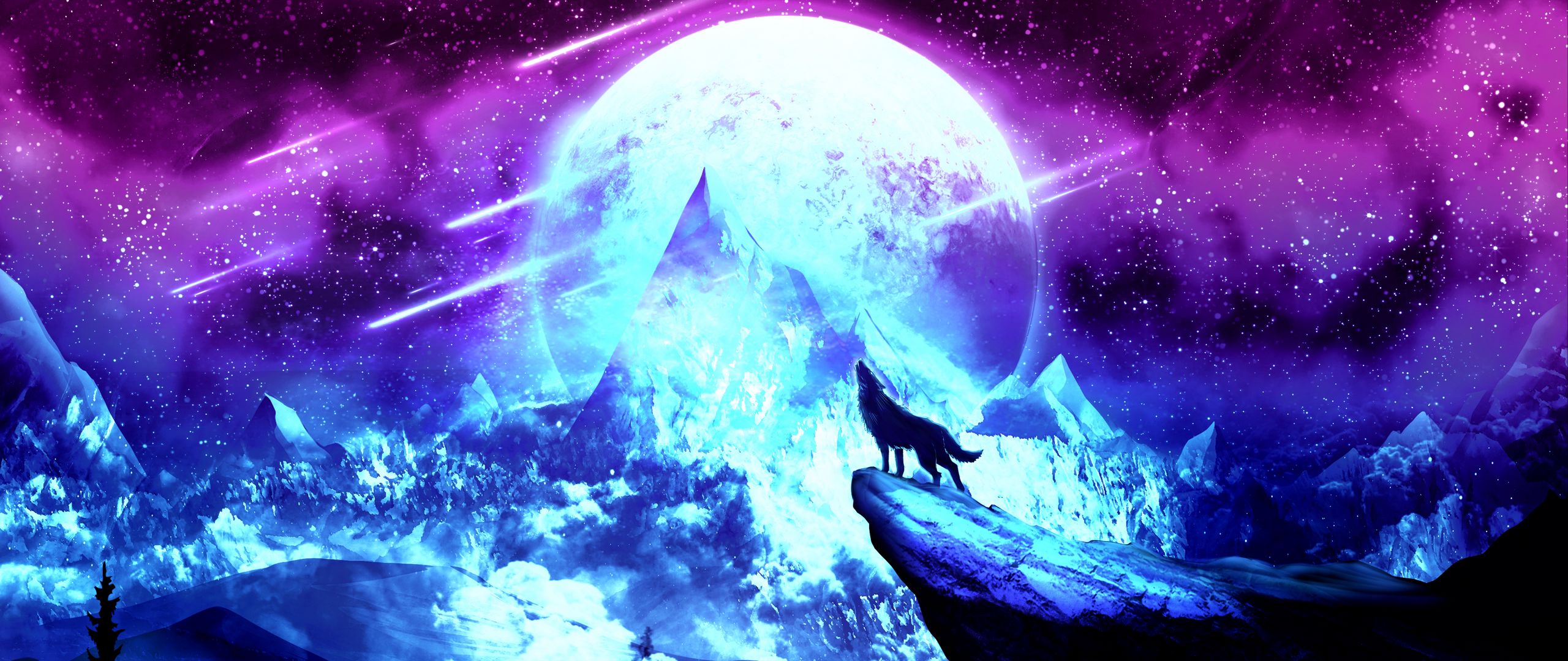 Download wallpaper 2560x1080 wolf, moon, night, mountains, art dual wide  1080p hd background