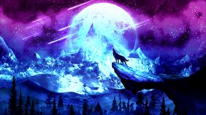 Preview wallpaper wolf, moon, night, mountains, art