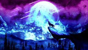 Preview wallpaper wolf, moon, night, mountains, art