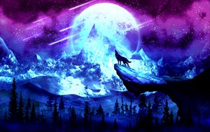 Preview wallpaper wolf, moon, night, mountains, art