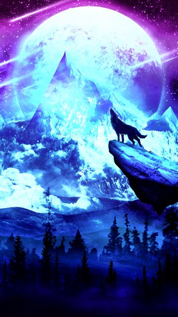 360x640 Wallpaper wolf, moon, night, mountains, art
