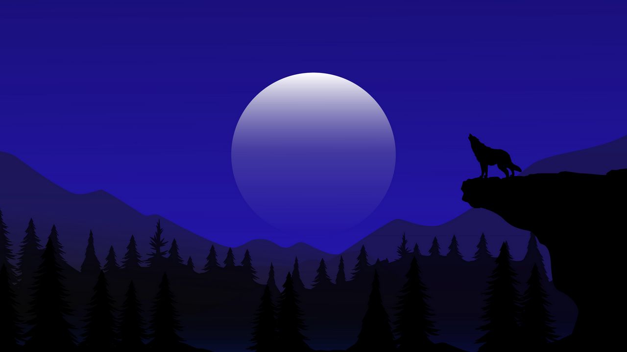 Wallpaper wolf, moon, trees, hills, night, vector, art