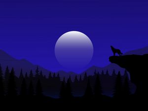 Preview wallpaper wolf, moon, trees, hills, night, vector, art