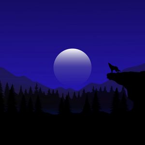 Preview wallpaper wolf, moon, trees, hills, night, vector, art