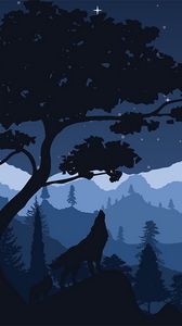 Preview wallpaper wolf, night, tree, art