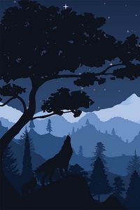 Preview wallpaper wolf, night, tree, art