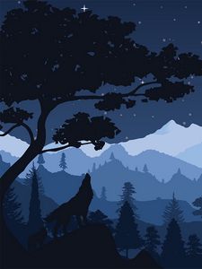 Preview wallpaper wolf, night, tree, art