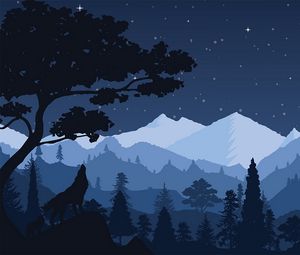 Preview wallpaper wolf, night, tree, art