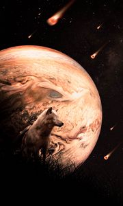 Preview wallpaper wolf, planet, meteors, space