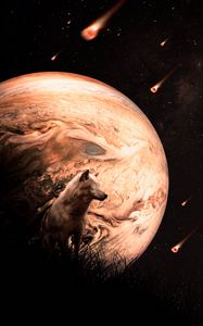 Preview wallpaper wolf, planet, meteors, space