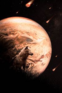 Preview wallpaper wolf, planet, meteors, space