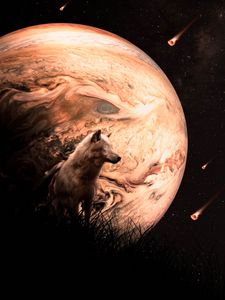 Preview wallpaper wolf, planet, meteors, space