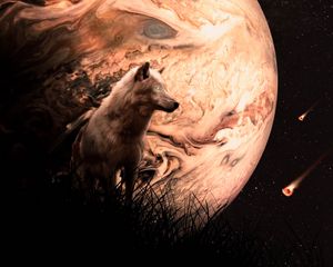 Preview wallpaper wolf, planet, meteors, space