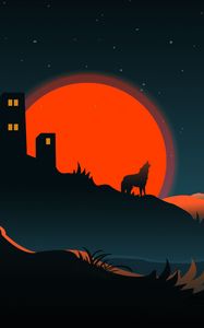 Preview wallpaper wolf, silhouette, building, sun, vector, art