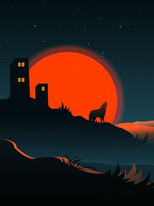 Preview wallpaper wolf, silhouette, building, sun, vector, art