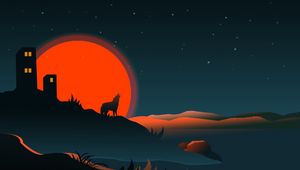 Preview wallpaper wolf, silhouette, building, sun, vector, art