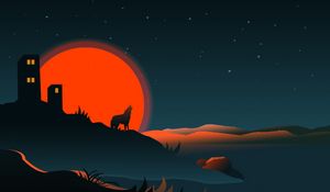 Preview wallpaper wolf, silhouette, building, sun, vector, art