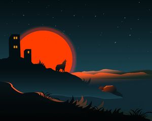 Preview wallpaper wolf, silhouette, building, sun, vector, art