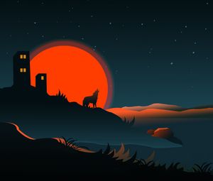 Preview wallpaper wolf, silhouette, building, sun, vector, art