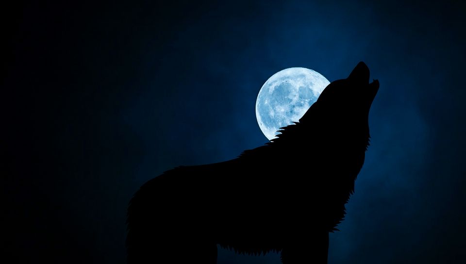 960x544 Wallpaper wolf, silhouette, moon, night