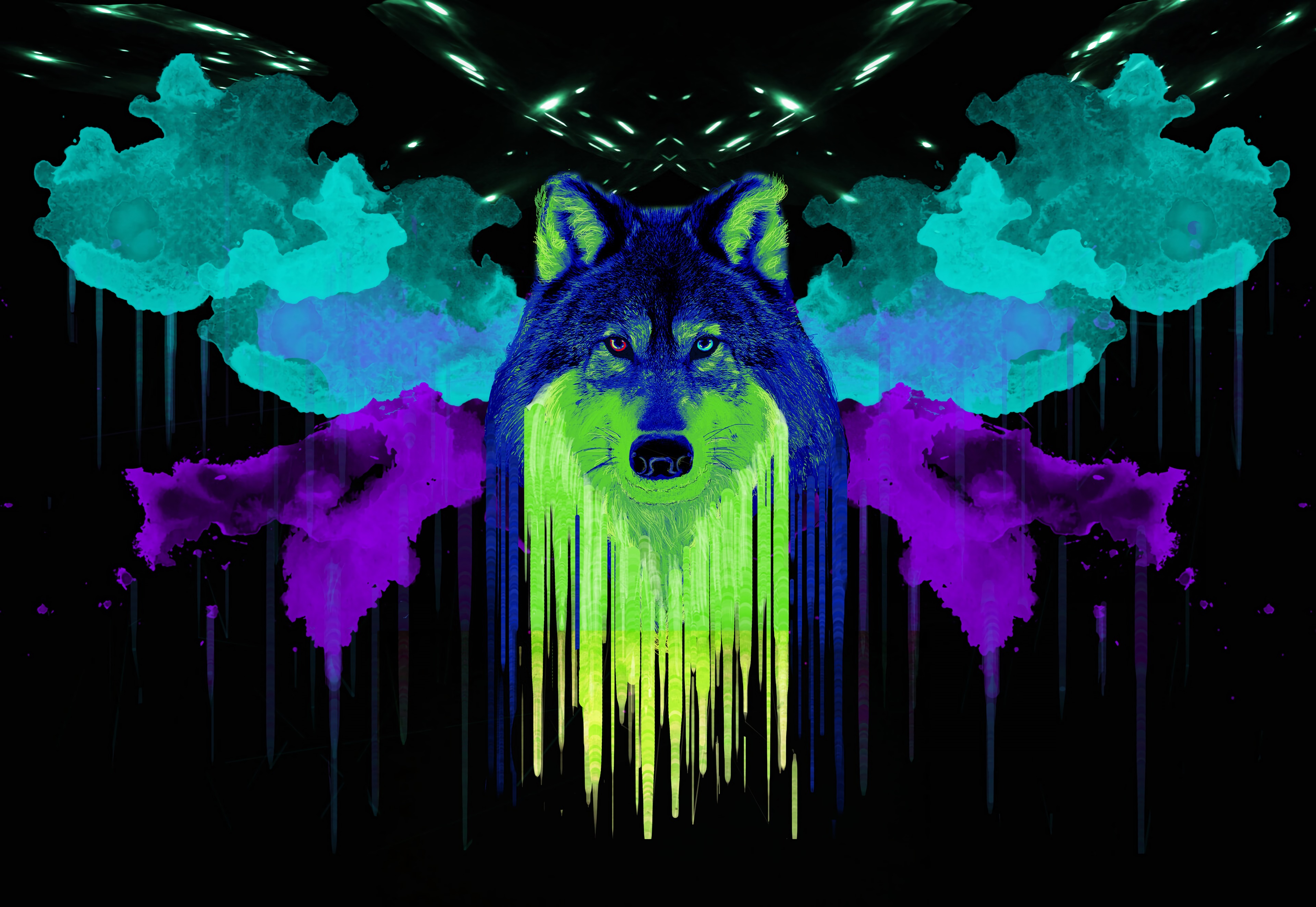 Download wallpaper 3840x2646 wolf, spots, paint, art hd background