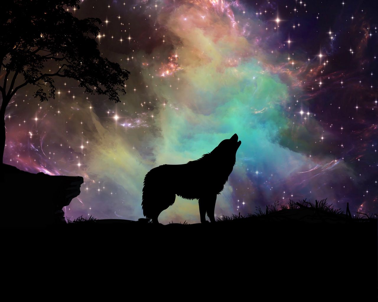 1280x1024 Wallpaper wolf, starry sky, silhouette, art