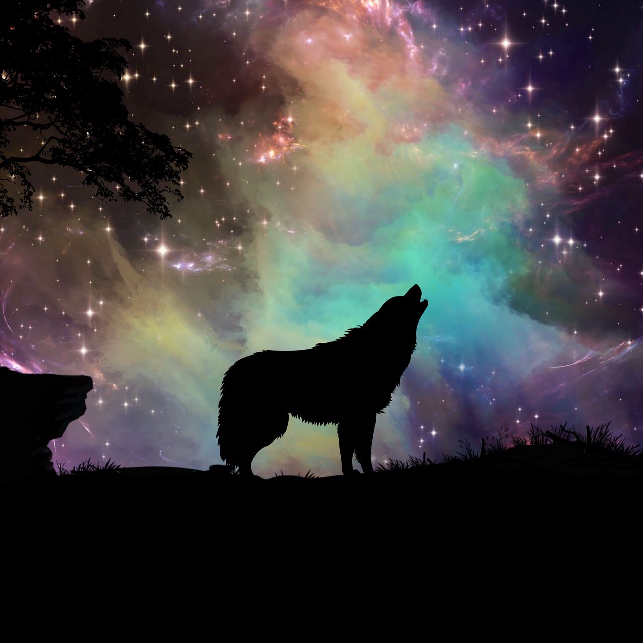 1280x1280 Wallpaper wolf, starry sky, silhouette, art