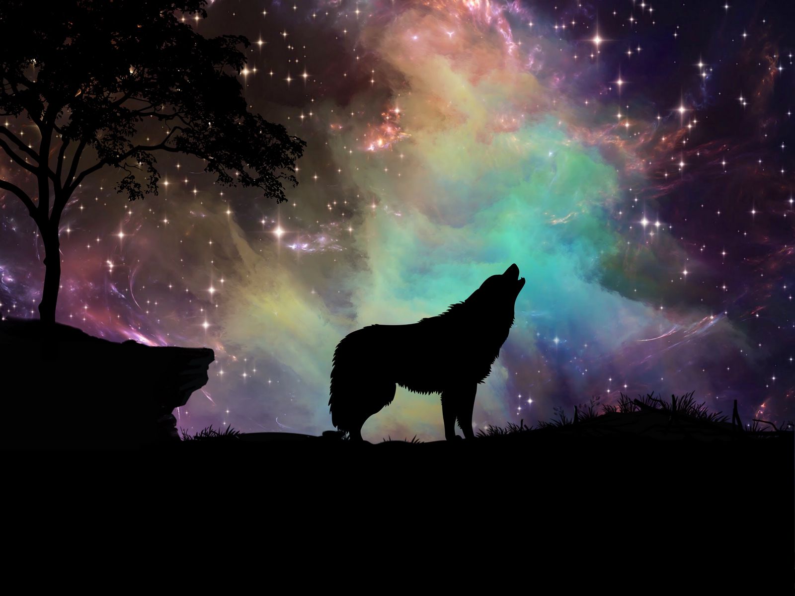 1600x1200 Wallpaper wolf, starry sky, silhouette, art