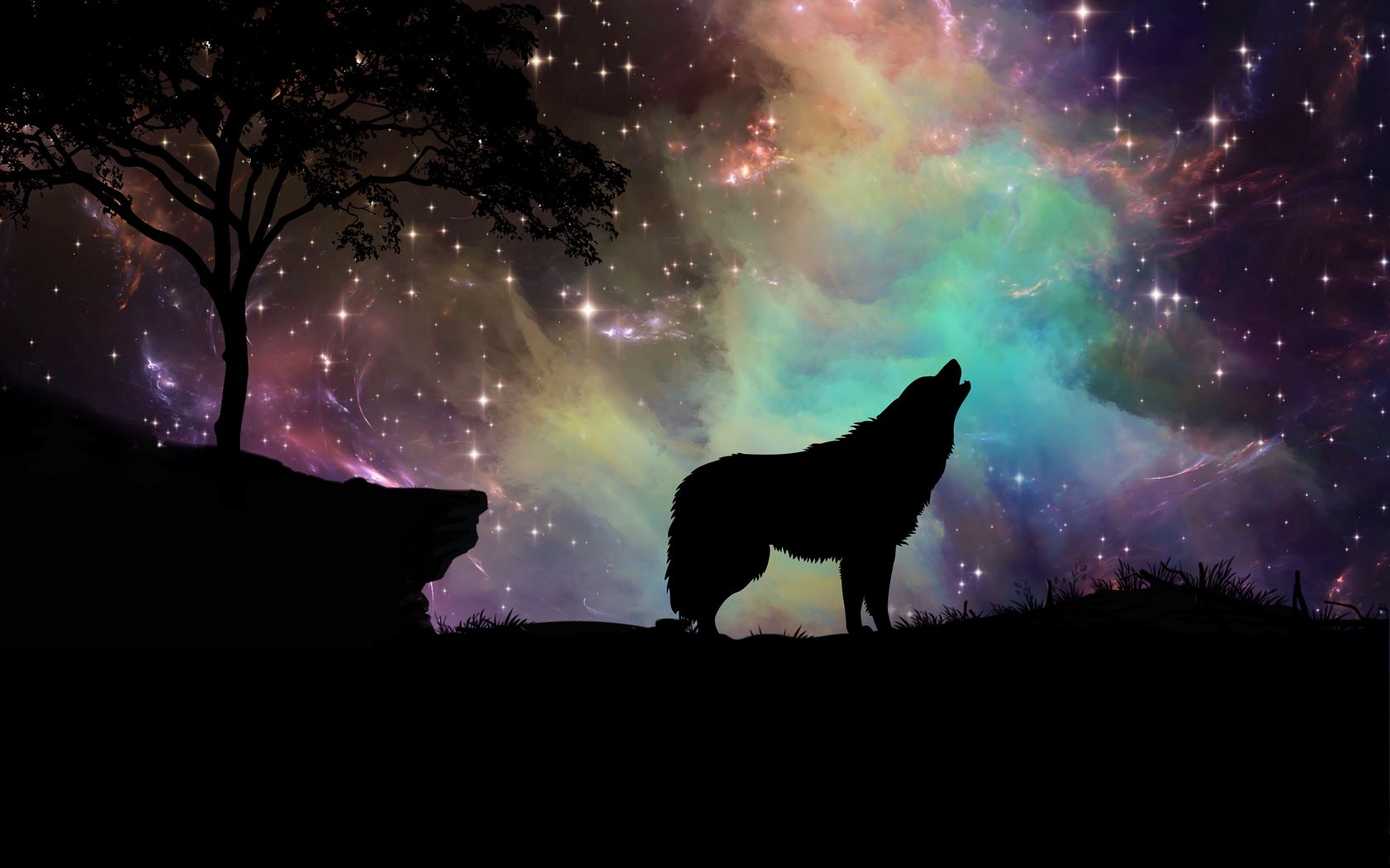 1680x1050 Wallpaper wolf, starry sky, silhouette, art