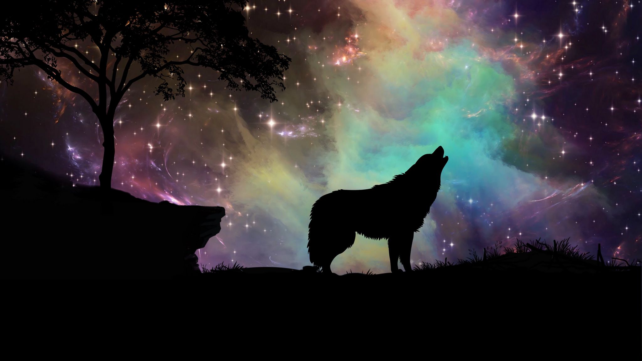 2048x1152 Wallpaper wolf, starry sky, silhouette, art