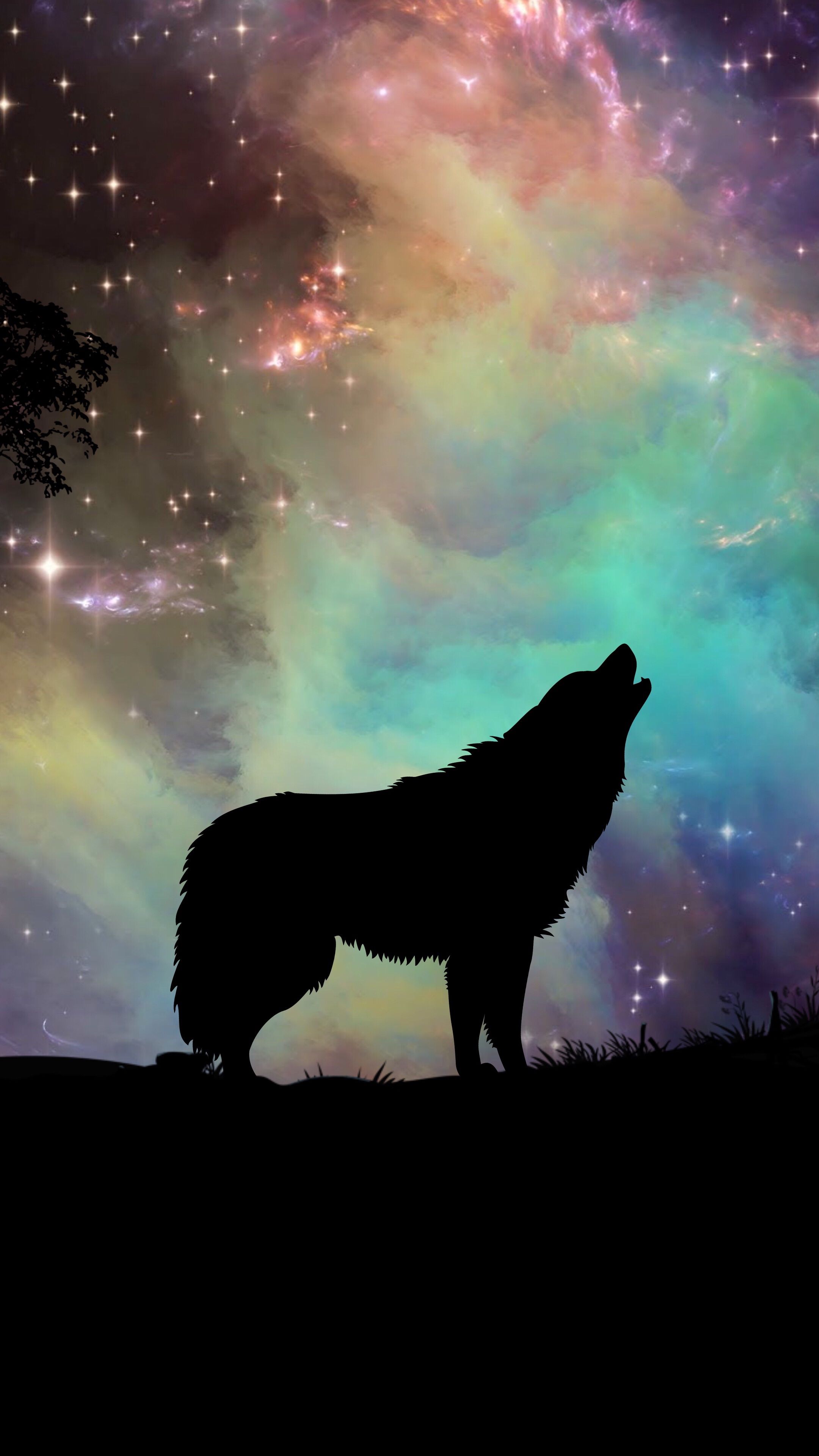 2160x3840 Wallpaper wolf, starry sky, silhouette, art